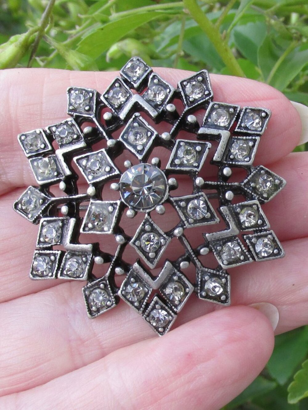 Black Enamel Silver Tone Smoky Topaz Rhinestone Vintage Brooch Pin